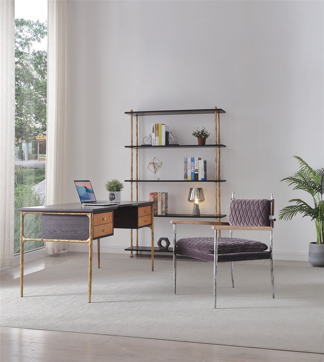 Thades Retro Brass Iron Frame Rattan Desk