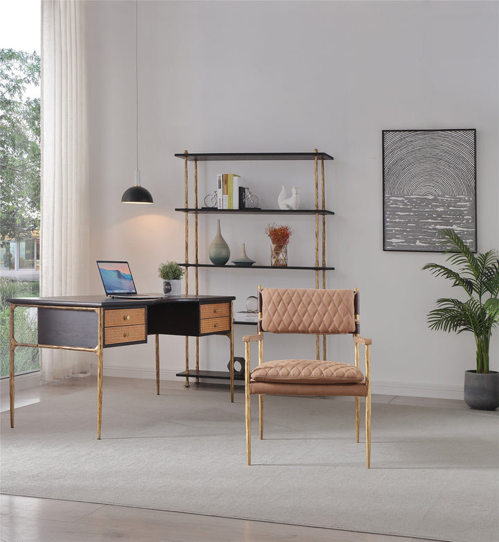 Thades Retro Brass Iron Frame Rattan Desk