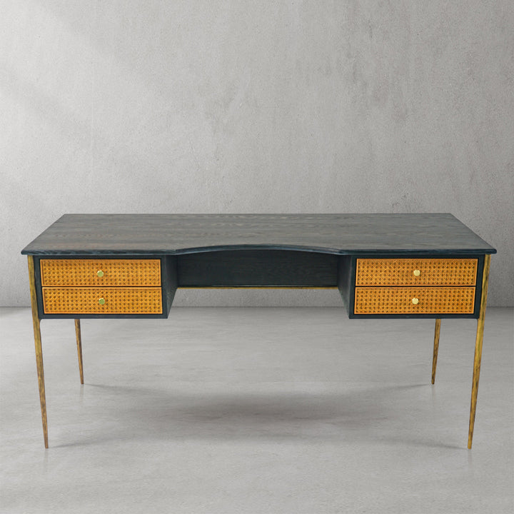 Thades Retro Brass Iron Frame Rattan Desk