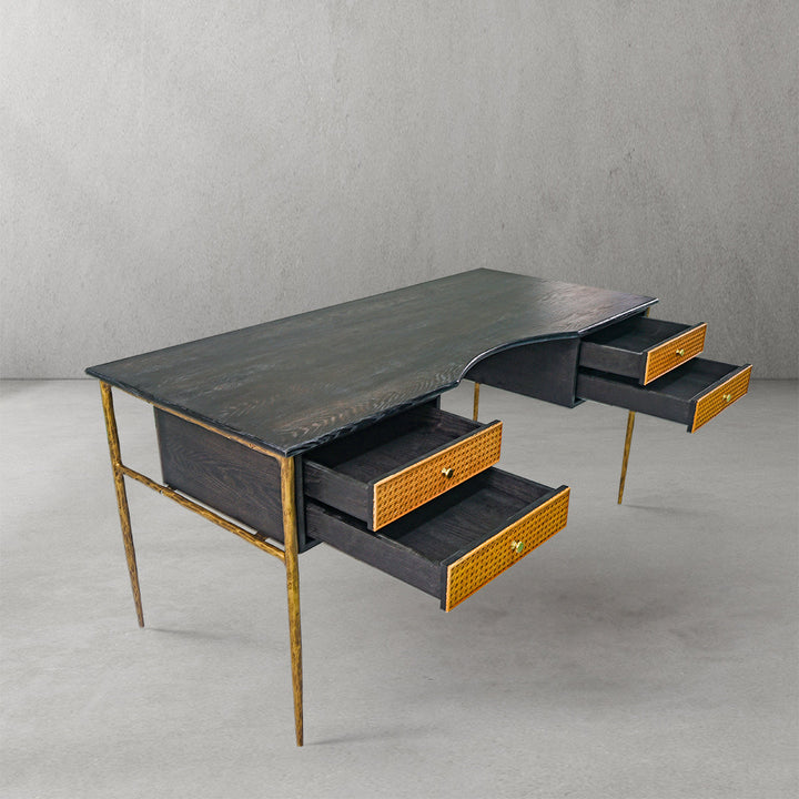 Thades Retro Brass Iron Frame Rattan Desk