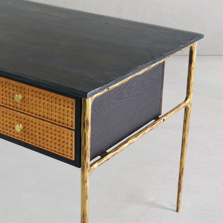 Thades Retro Brass Iron Frame Rattan Desk