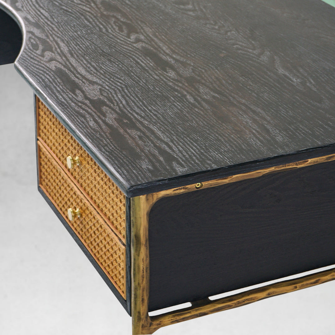 Thades Retro Brass Iron Frame Rattan Desk