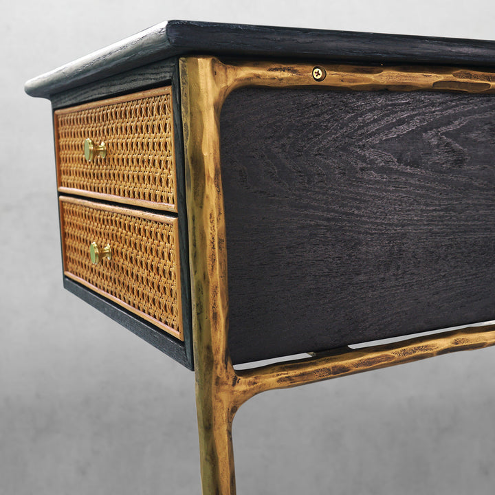 Thades Retro Brass Iron Frame Rattan Desk