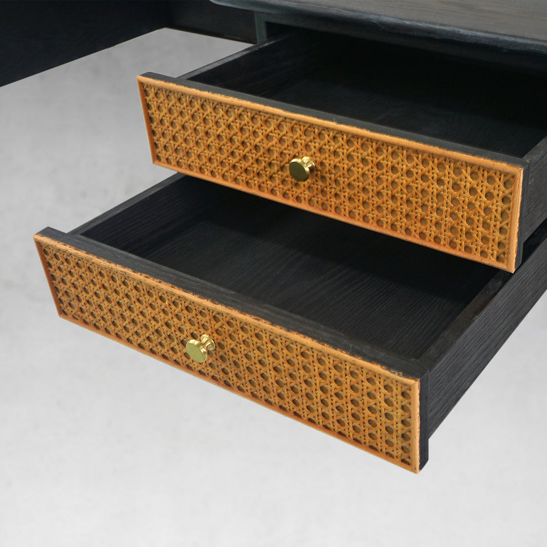Thades Retro Brass Iron Frame Rattan Desk