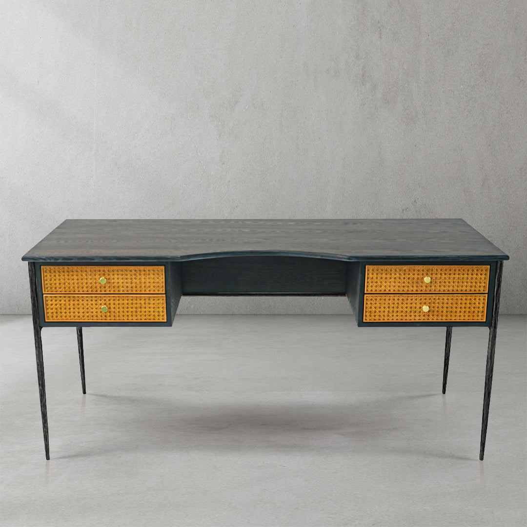 Thades Retro Brass Iron Frame Rattan Desk