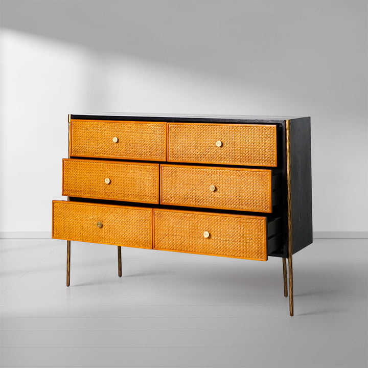 Thades Metal Frame Rattan 6-Drawer Side Cabinet