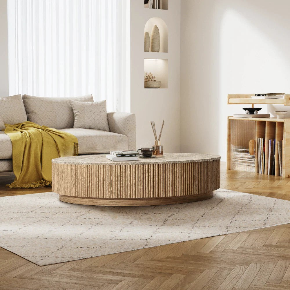 Mullora Oak Wood & Stone Round Coffee Table