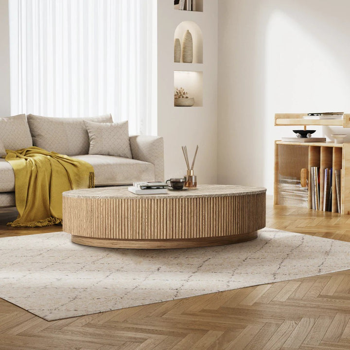 Mullora Oak Wood & Stone Round Coffee Table