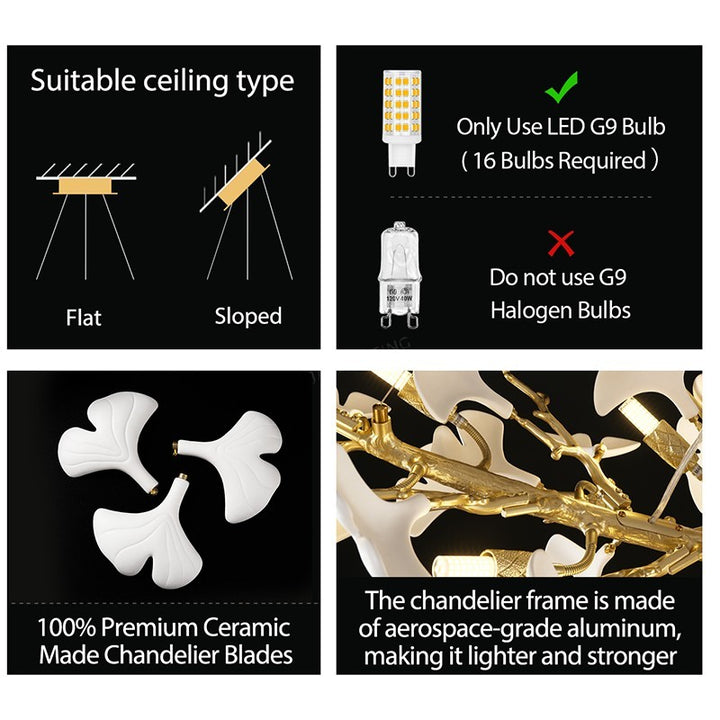 Ceramic Ginkgo Golden Chandelier 55"L