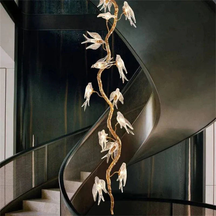 Custom Swallow Glass Long Tree Branch Chandelier