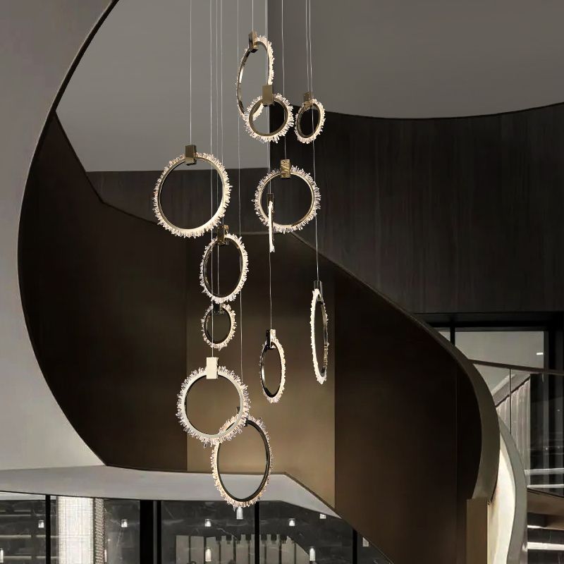 Primary Crystal Cluster 12 Rings Staircase Chandelier