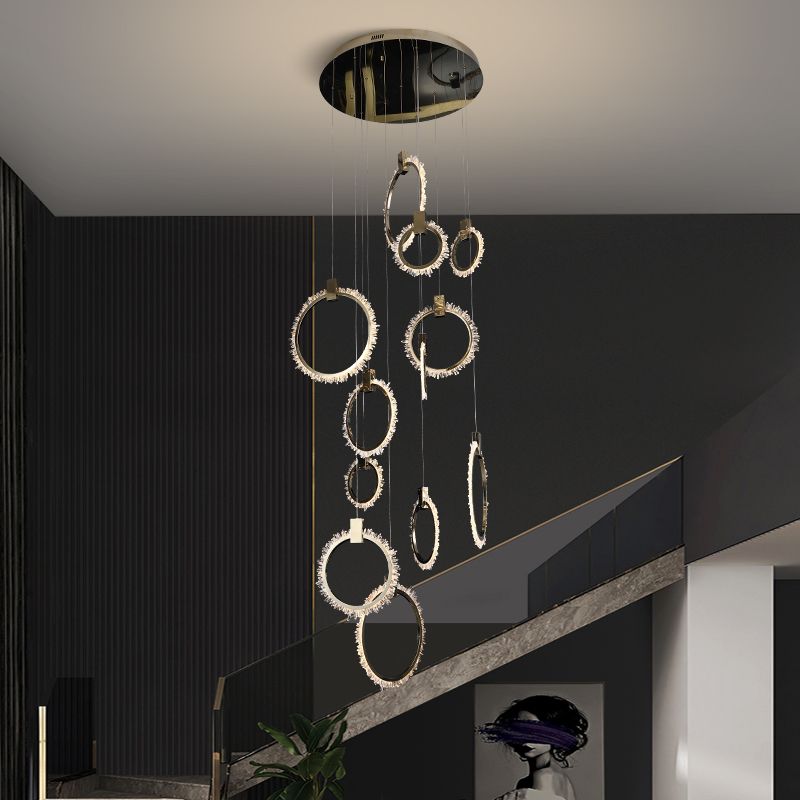 Primary Crystal Cluster 12 Rings Staircase Chandelier